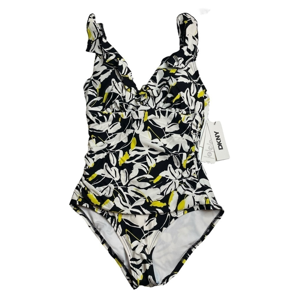 DKNY Ruffle Neck One Piece Swimsuit Fluro Yellow Multi Black Small New